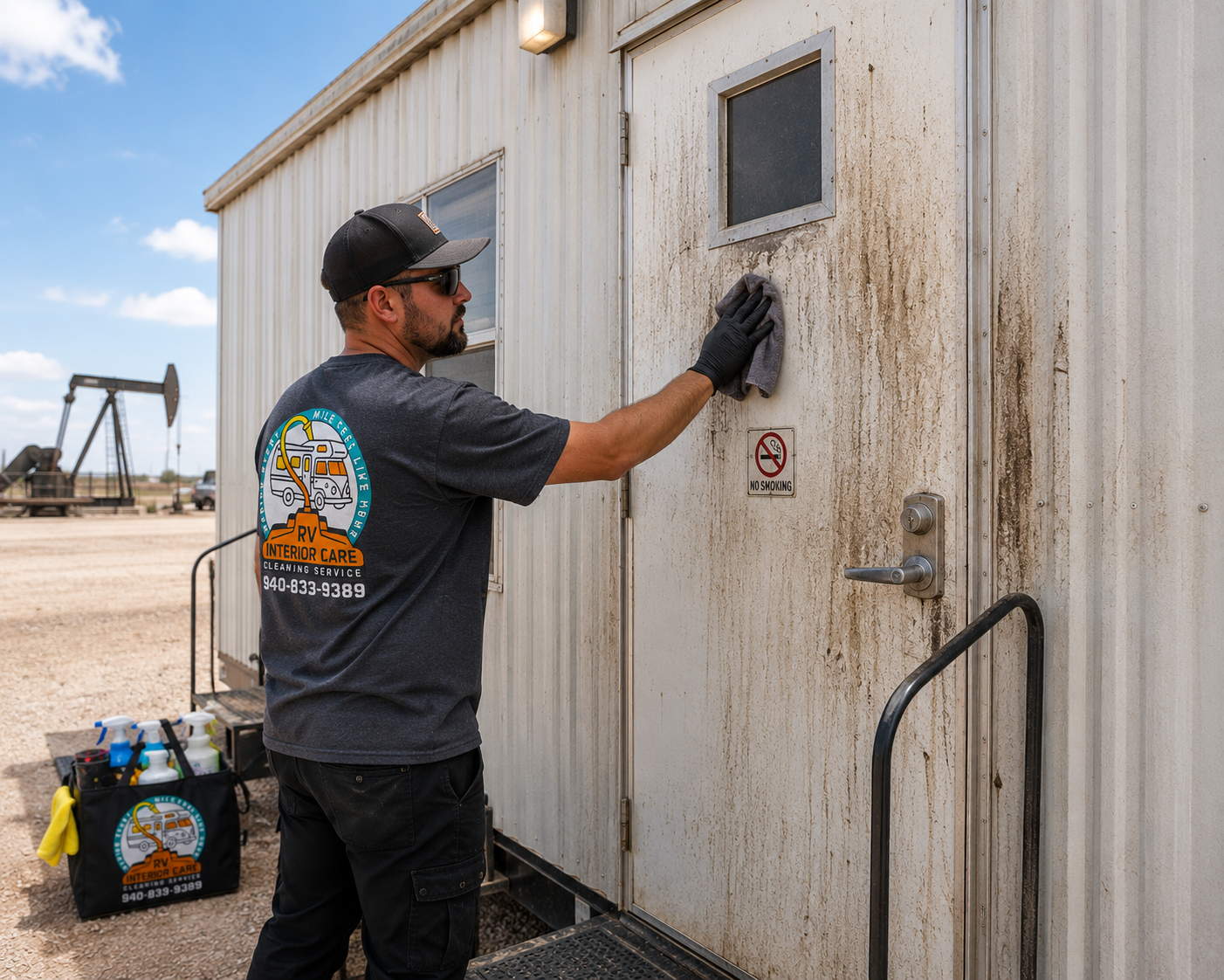 RV Interior Care team member cleaning a jobsite field trailer in Texoma
