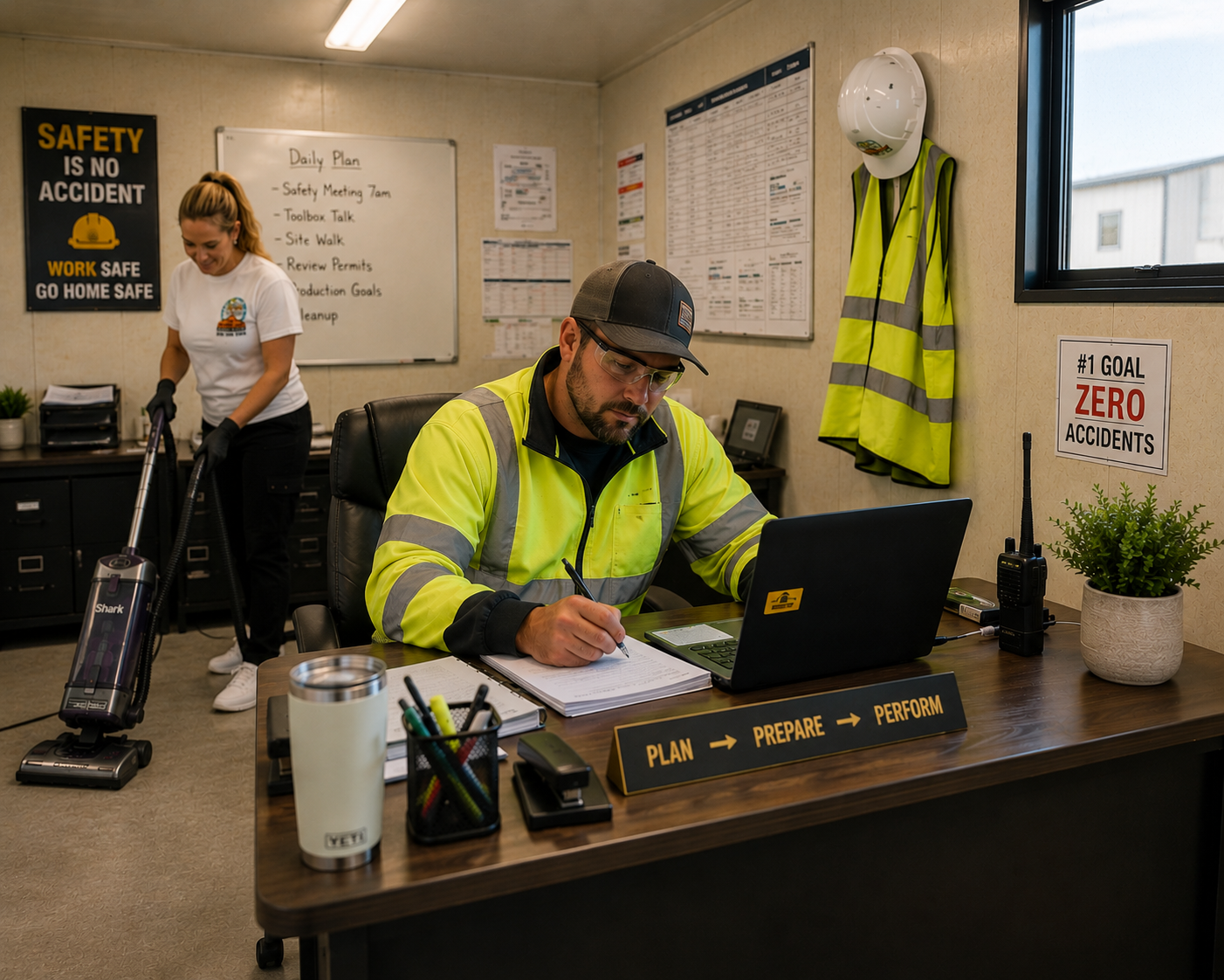 Field office kept clean while a crew member works at a jobsite desk