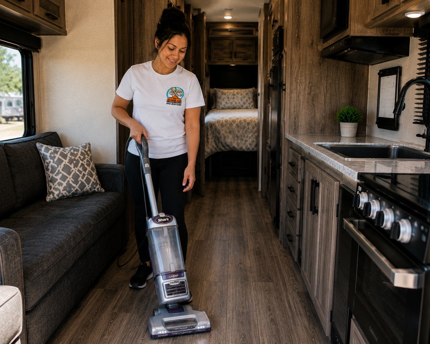 RV Interior Care crew member vacuuming an RV interior in Quanah, Texoma